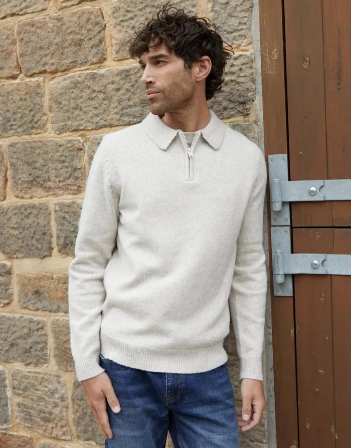 Men Ecru Marl Long Sleeve Quarter Zip Polo Jumper Threadbare Jumpers