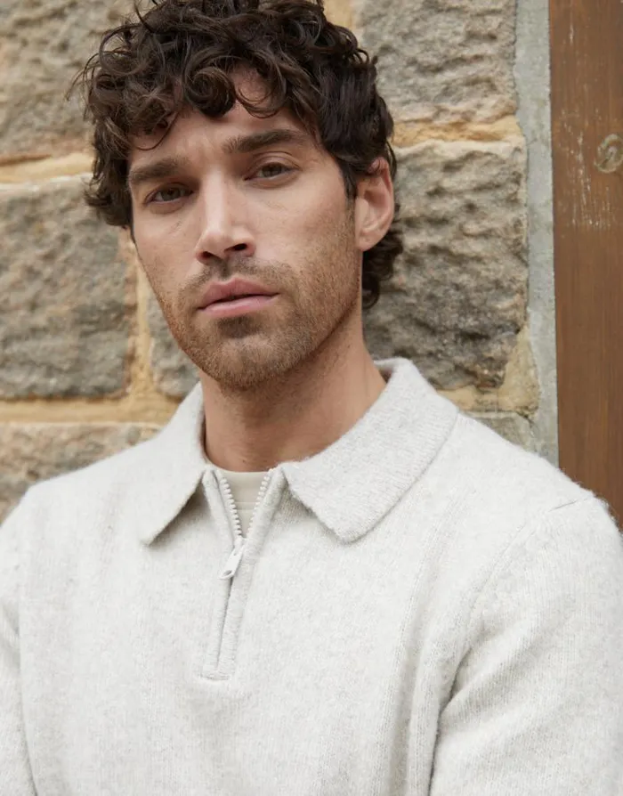 Men Ecru Marl Long Sleeve Quarter Zip Polo Jumper Threadbare Jumpers Men Ecru Marl Long Sleeve Quarter Zip Polo Jumper Threadbare Jumpers