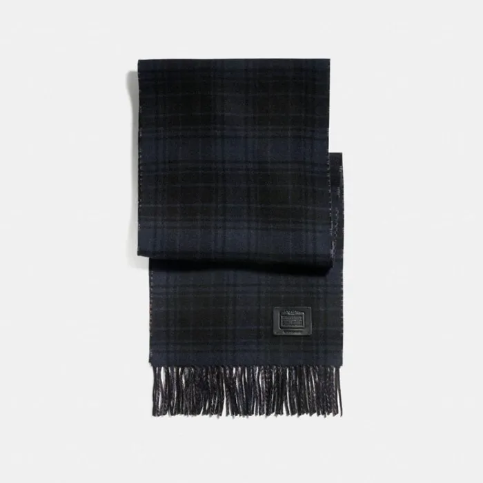 Men Hats Scarves and Gloves Coach Double Plaid Print Muffler Midnight Navy Grey Men Hats Scarves and Gloves Coach Double Plaid Print Muffler Midnight Navy Grey