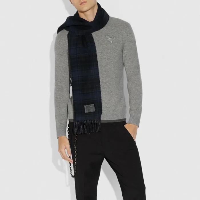 Men Hats Scarves and Gloves Coach Double Plaid Print Muffler Midnight Navy Grey Men Hats Scarves and Gloves Coach Double Plaid Print Muffler Midnight Navy Grey