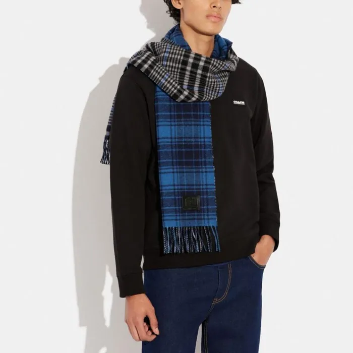 Men Hats Scarves and Gloves Coach Double Plaid Print Muffler Midnight Navy Grey Men Hats Scarves and Gloves Coach Double Plaid Print Muffler Midnight Navy Grey