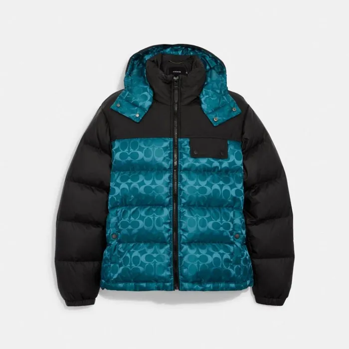Men Jackets and Outerwear Coach Signature Hooded Puffer Jacket Blackdark Pine Signature Men Jackets and Outerwear Coach Signature Hooded Puffer Jacket Blackdark Pine Signature