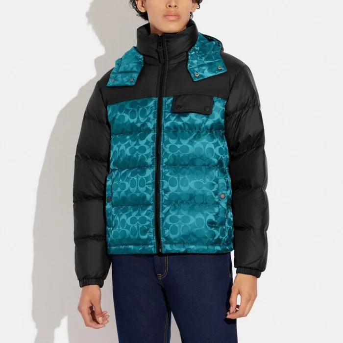 Men Jackets and Outerwear Coach Signature Hooded Puffer Jacket Blackdark Pine Signature Men Jackets and Outerwear Coach Signature Hooded Puffer Jacket Blackdark Pine Signature