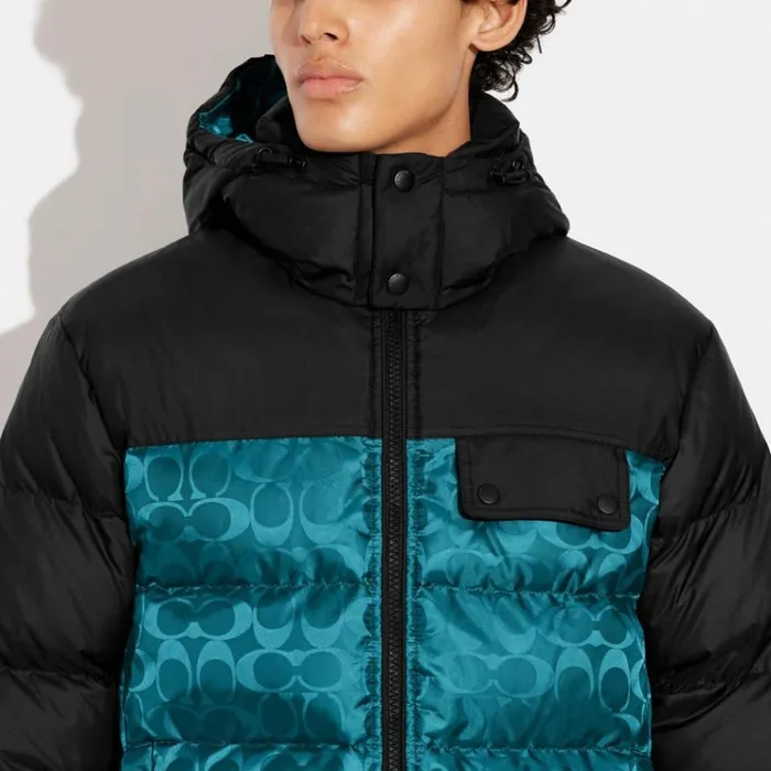 Men Jackets and Outerwear Coach Signature Hooded Puffer Jacket Blackdark Pine Signature Men Jackets and Outerwear Coach Signature Hooded Puffer Jacket Blackdark Pine Signature