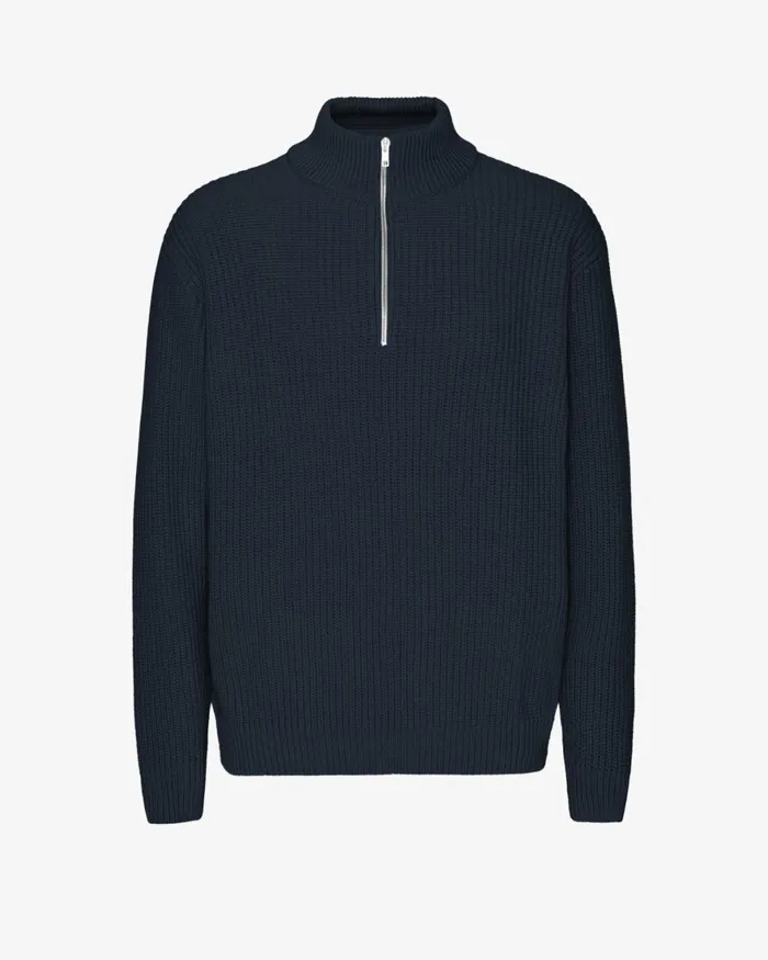 Men Knit Sweaters Colorful Standard Merino Quarter Zip Navy Blue