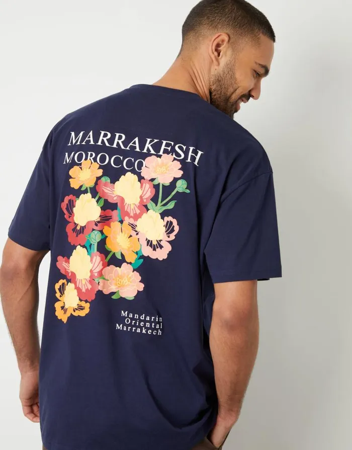 Men Navy Floral Graphic Print Oversized TShirt Threadbare TShirts