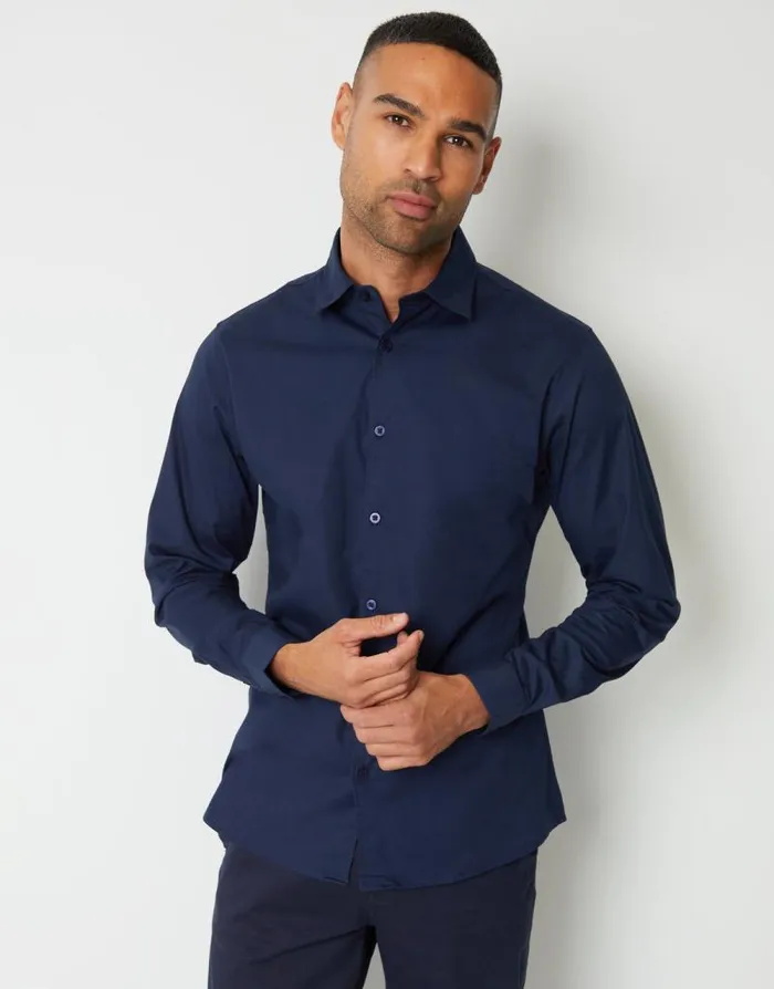 Men Navy Stretch Cotton Poplin Slim Fit Long Sleeve Shirt Threadbare Shirts
