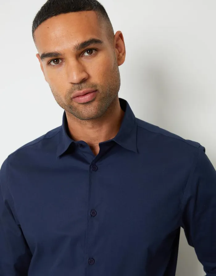 Men Navy Stretch Cotton Poplin Slim Fit Long Sleeve Shirt Threadbare Shirts Men Navy Stretch Cotton Poplin Slim Fit Long Sleeve Shirt Threadbare Shirts