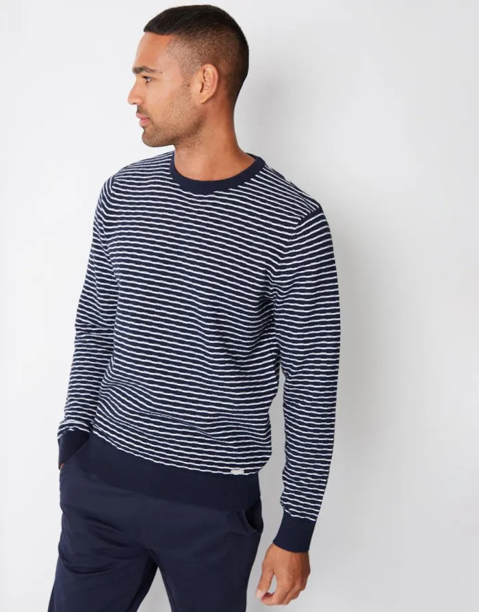 Men Navy Stripe Textured Knit Crew Neck Jumper Threadbare Jumpers