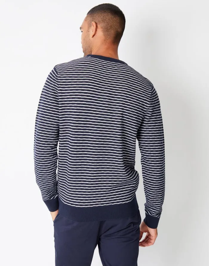 Men Navy Stripe Textured Knit Crew Neck Jumper Threadbare Jumpers Men Navy Stripe Textured Knit Crew Neck Jumper Threadbare Jumpers