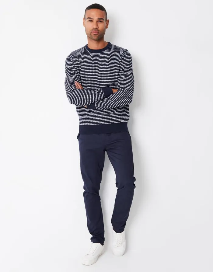 Men Navy Stripe Textured Knit Crew Neck Jumper Threadbare Jumpers Men Navy Stripe Textured Knit Crew Neck Jumper Threadbare Jumpers