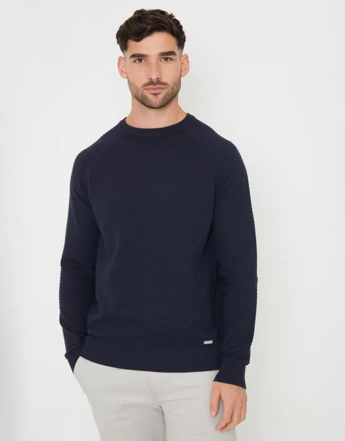 Men Navy Textured Stripe Knitted Crew Neck Jumper Threadbare Jumpers