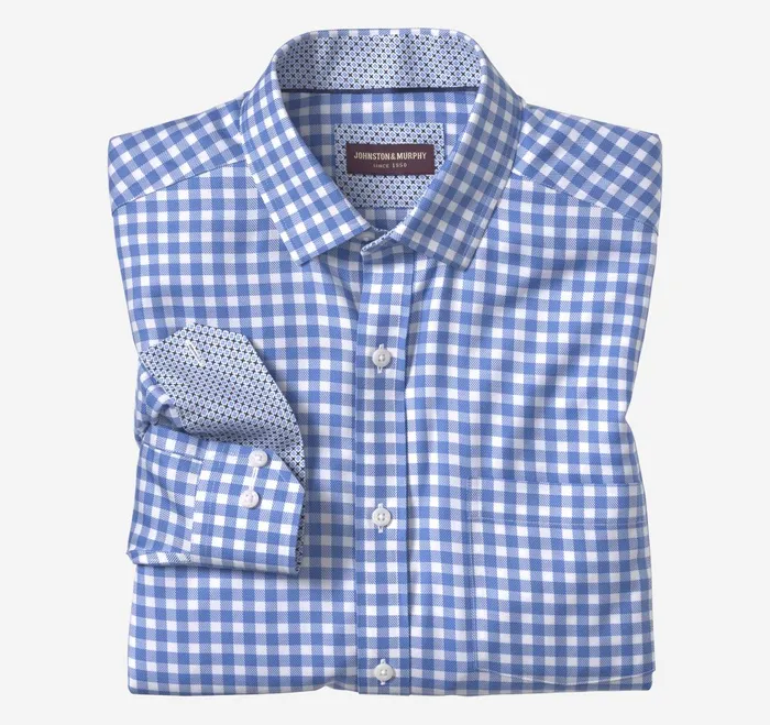 Men NonIron Dress Shirt Blue Gingham JohnstonandMurphy Shirts