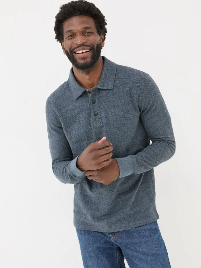 Men Polo Shirts Fat Face Navy Herringbone Long Sleeve Polo Shirt