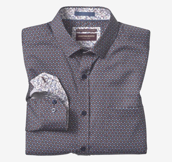 Men Printed Cotton Shirt Burgundy Hexagon Cluster JohnstonandMurphy Shirts