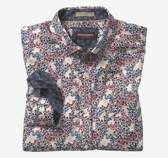 Men Printed Cotton Shirt Burgundy Multi Vine JohnstonandMurphy Shirts