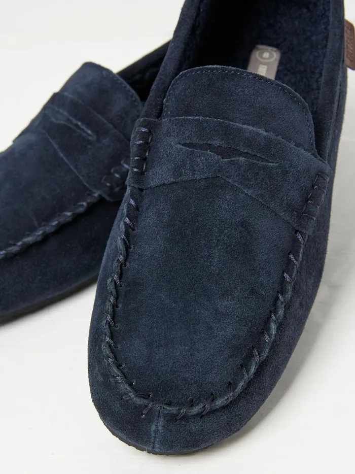 Men Pyjamas and Nightwear Fat Face Navy Suede Moccasin Slippers