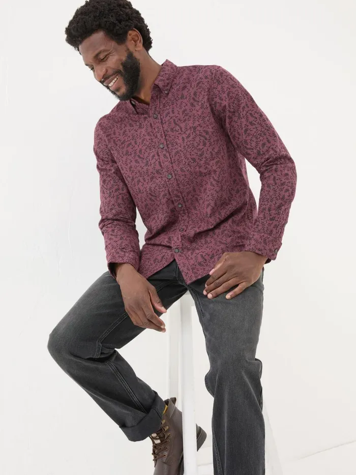 Men Shirts Fat Face Burgundy Red Long Sleeve Vine Print 100 Cotton Shirt