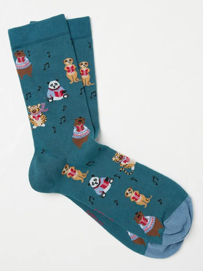 Men Socks Fat Face Blue Teal Singing Animals Socks