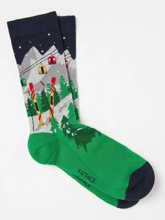Men Socks Fat Face Green Ski Scene Socks 1 Pack