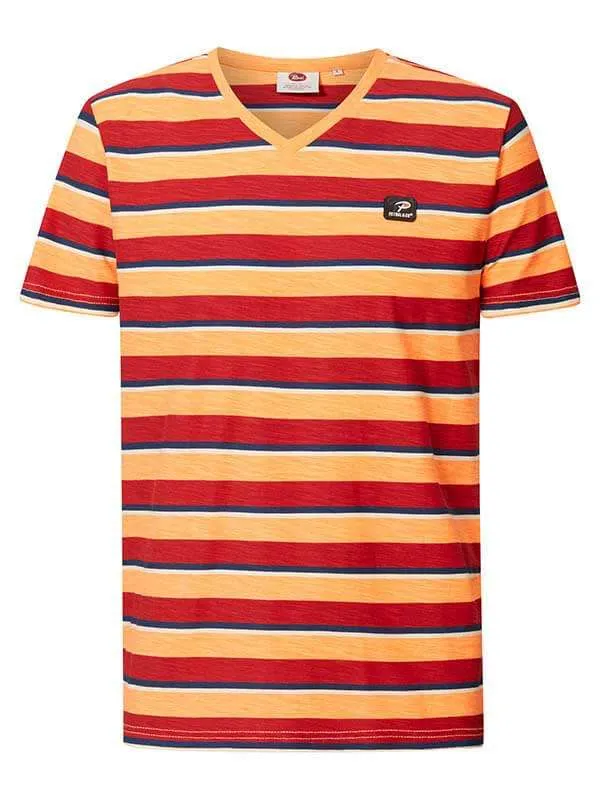 Men TShirts Petrol Industries Striped VNeck TShirt Shocking Orange