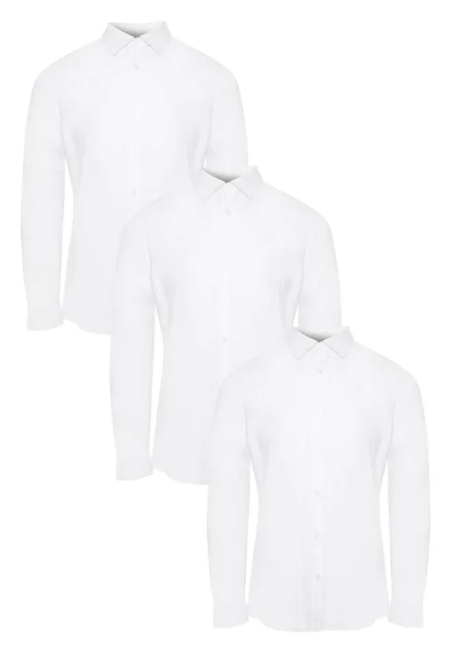 Men White Stretch Cotton Poplin Long Sleeve Shirts 3 Pack Threadbare Shirts