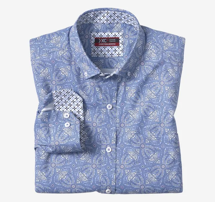 Men Xc4 LongSleeve StretchWoven Shirt Blue Filigree Print JohnstonandMurphy Shirts Men Xc4 LongSleeve StretchWoven Shirt Blue Filigree Print JohnstonandMurphy Shirts