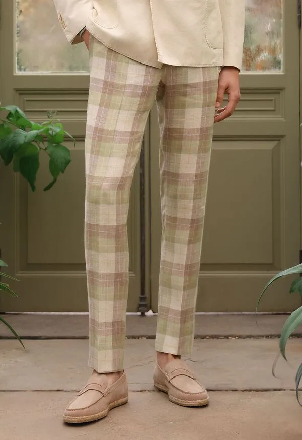 Mens Linen and Cotton Plaid Trousers Coral Pants Paulstuart Mens Linen and Cotton Plaid Trousers Coral Pants Paulstuart