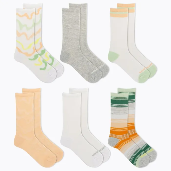 Merrell KidsMenWomen Big Everyday Crew Sock 6Pack Peach Assorted