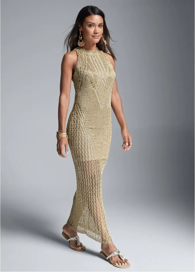 METALLIC CROCHET DRESS Gold Women VENUS Maxi Dresses
