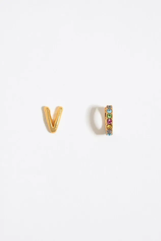 Multicolor Crystal Mini Hoop And Letter V Earrings Gold Women Bimba Y Lola Alphabet