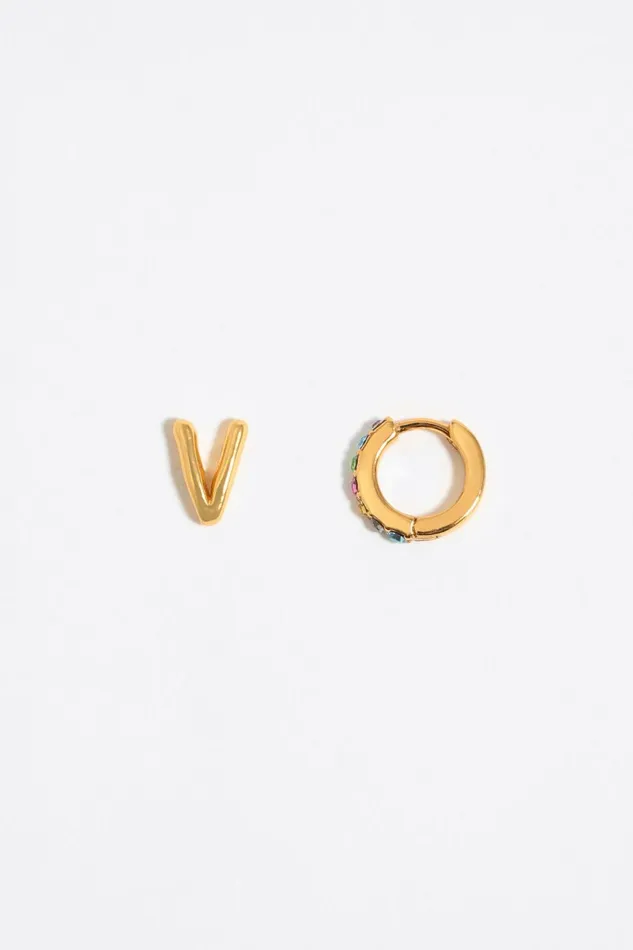 Multicolor Crystal Mini Hoop And Letter V Earrings Gold Women Bimba Y Lola Alphabet Multicolor Crystal Mini Hoop And Letter V Earrings Gold Women Bimba Y Lola Alphabet