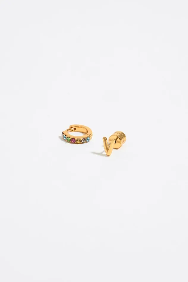 Multicolor Crystal Mini Hoop And Letter V Earrings Gold Women Bimba Y Lola Alphabet Multicolor Crystal Mini Hoop And Letter V Earrings Gold Women Bimba Y Lola Alphabet