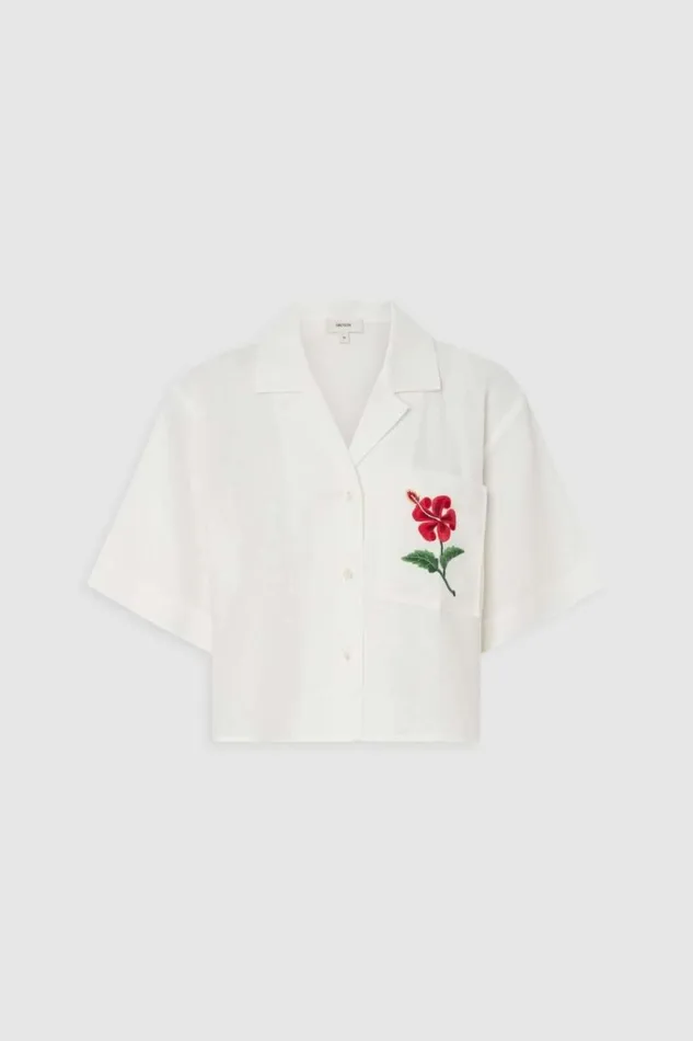 Oroton Hibiscus Embroidered Camp Shirt Antique White Women Tops