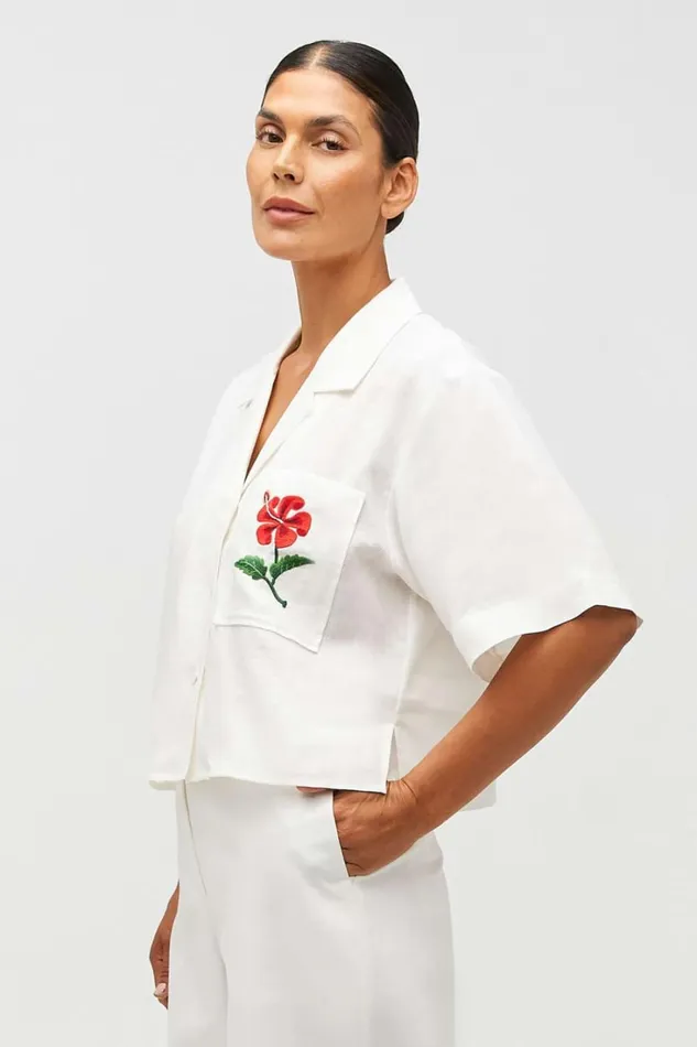 Oroton Hibiscus Embroidered Camp Shirt Antique White Women Tops Oroton Hibiscus Embroidered Camp Shirt Antique White Women Tops