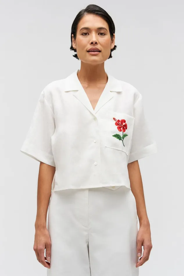 Oroton Hibiscus Embroidered Camp Shirt Antique White Women Tops Oroton Hibiscus Embroidered Camp Shirt Antique White Women Tops