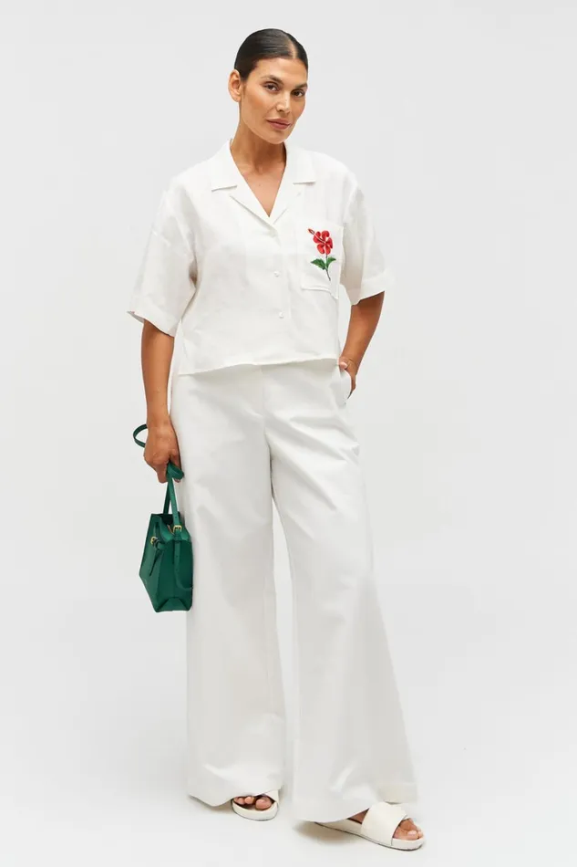 Oroton Hibiscus Embroidered Camp Shirt Antique White Women Tops Oroton Hibiscus Embroidered Camp Shirt Antique White Women Tops