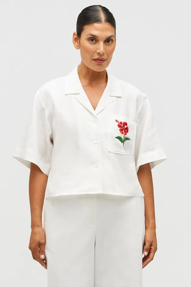 Oroton Hibiscus Embroidered Camp Shirt Antique White Women Tops Oroton Hibiscus Embroidered Camp Shirt Antique White Women Tops