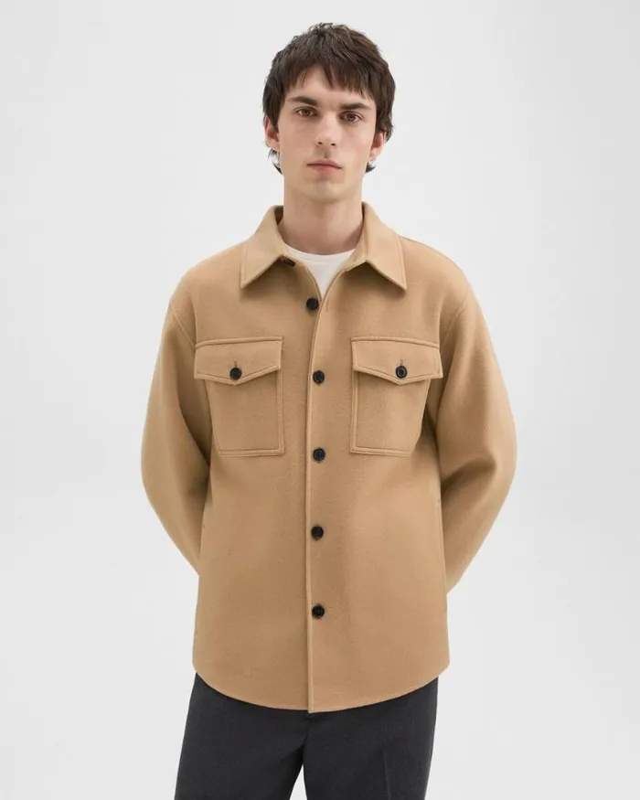 Outerwear Men Theory Shirt Jacket In DoubleFace WoolCashmere New Camel
