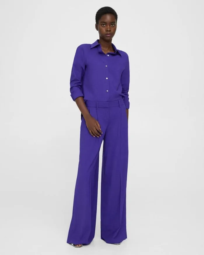 Pants Women Theory Pleated LowRise Pant In Stretch Wool Blue Iris
