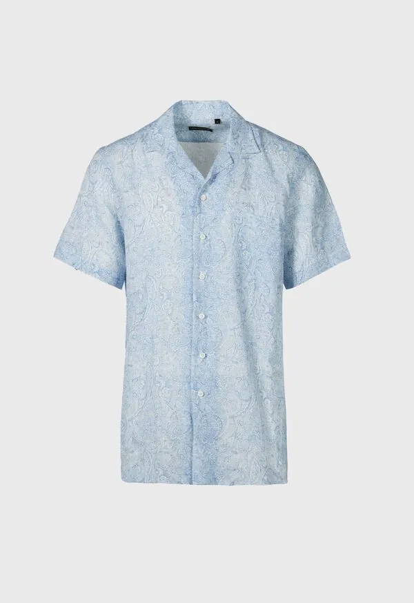 Paulstuart Sport Shirts Mens Linen Paisley Print Camp Shirt Light Blue