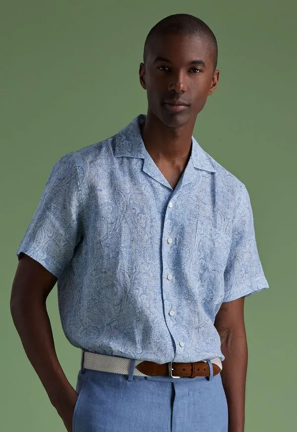 Paulstuart Sport Shirts Mens Linen Paisley Print Camp Shirt Light Blue Paulstuart Sport Shirts Mens Linen Paisley Print Camp Shirt Light Blue