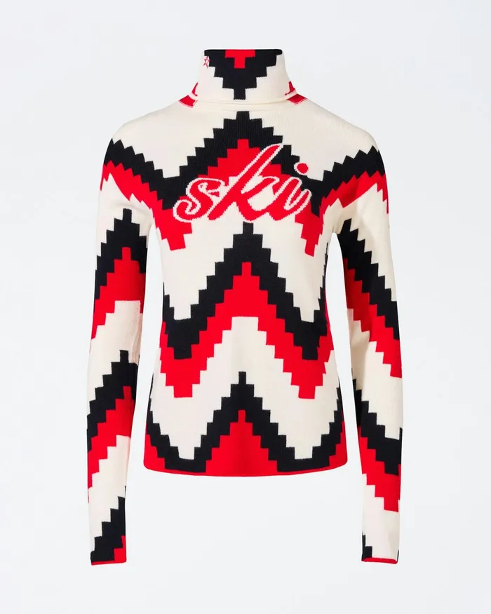 Perfect Moment Chevron Merino Wool Turtleneck Sweater Red Women Tops