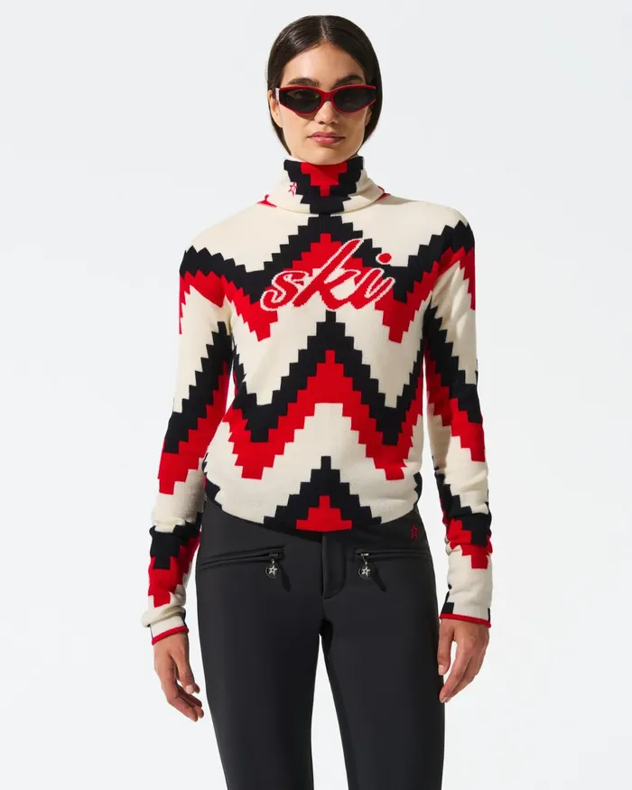 Perfect Moment Chevron Merino Wool Turtleneck Sweater Red Women Tops