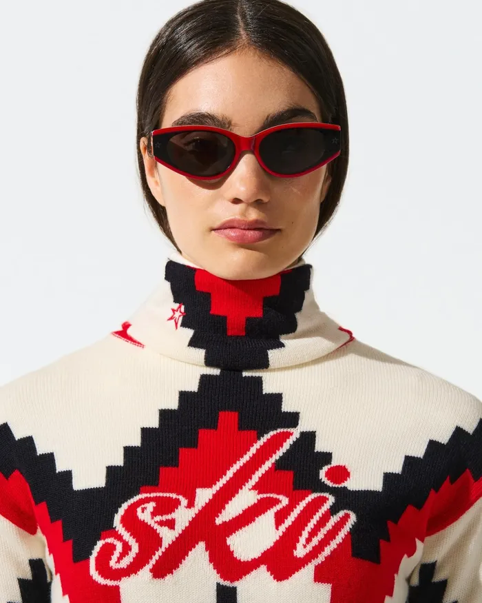 Perfect Moment Chevron Merino Wool Turtleneck Sweater Red Women Tops