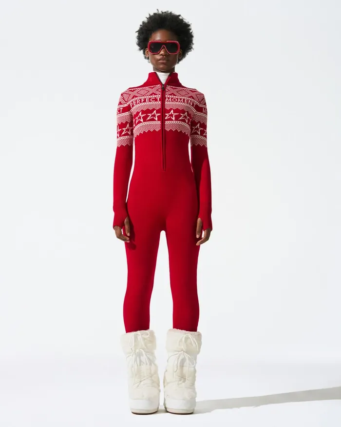 Perfect Moment IntarsiaKnit Merino Wool Jumpsuit Red Women Jumpsuits