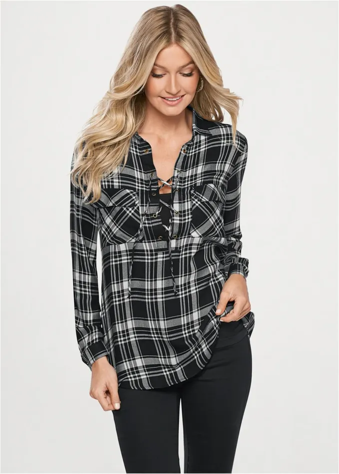 Plaid LaceUp Top Black Multi Women VENUS Casual Tops