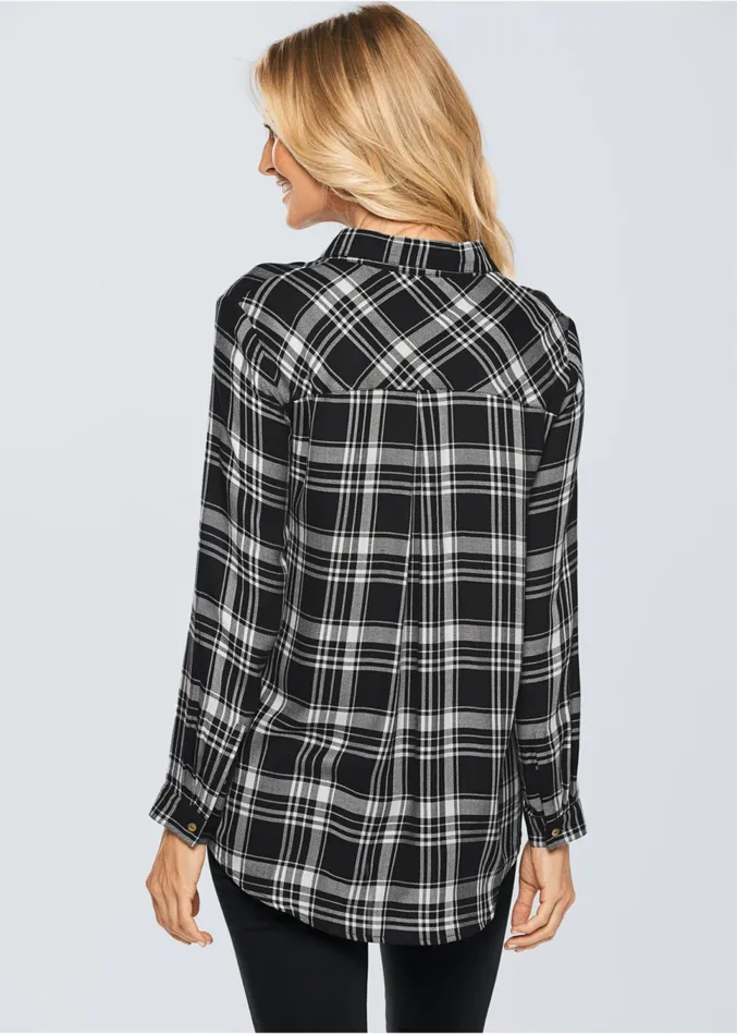 Plaid LaceUp Top Black Multi Women VENUS Casual Tops