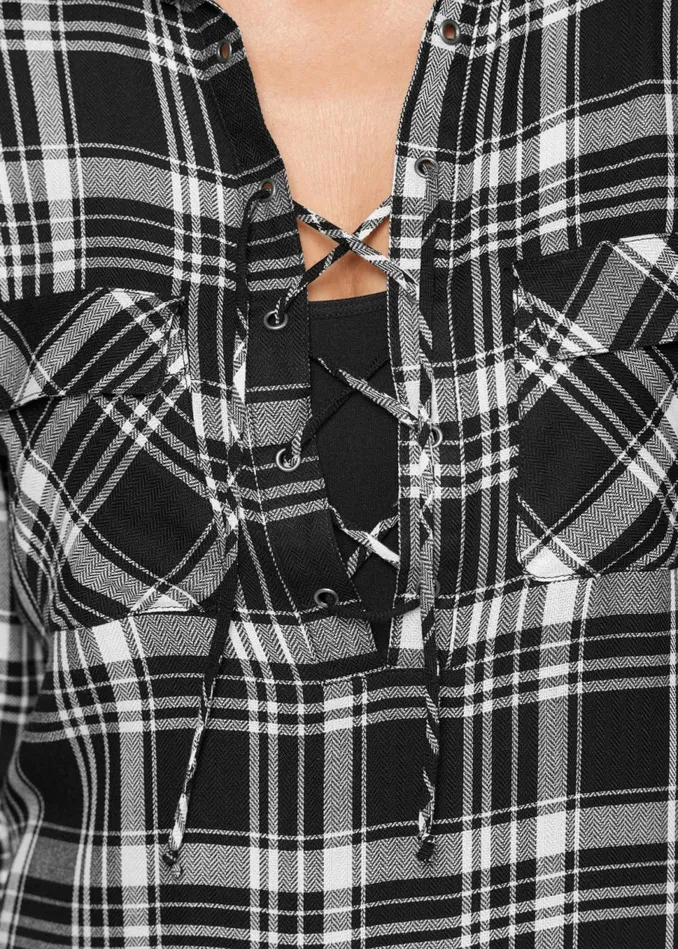 Plaid LaceUp Top Black Multi Women VENUS Casual Tops
