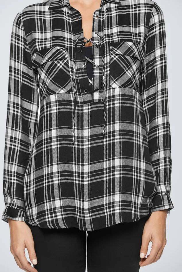 Plaid LaceUp Top Black Multi Women VENUS Casual Tops